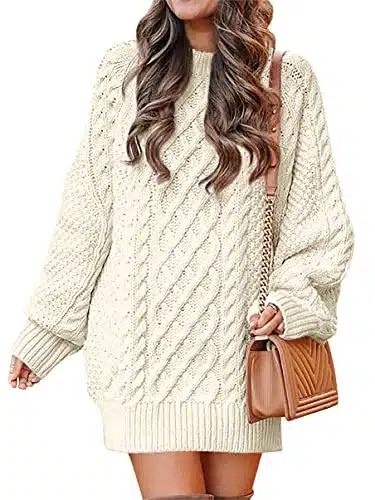 ANRABESS Women's Loose Crewneck Oversize Sweater Dress Fall Trendy Long Sleeve Baggy Loose Mini Short Dress Slouchy Chunky Cable Knit Tunic White Maternity Sweaters baixing XL