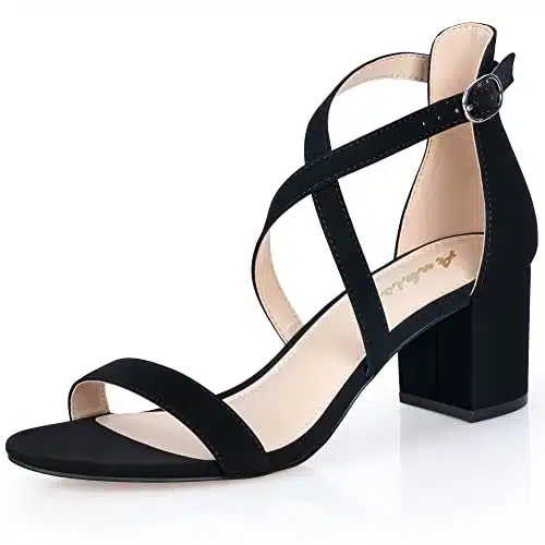 Ankis Black Nubuck Inches Strappy   Block Heels Comfy Grace Sandals Open Toe Chunky Dress Wedding Party Prom Heels with Adjustable Cross Strap