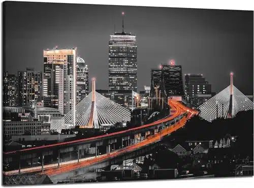 Artbrush Tower Wall Art Boston Painting Canvas Prints Boston Black and White Cityscape Wall Decor Picture Tobin Bridge, Zakim Bridge Poster Frame Office Home Decorations Ready