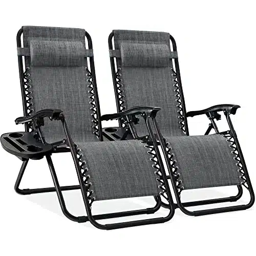 Best Choice Products Set of Adjustable Steel Mesh Zero Gravity Lounge Chair Recliners wPillows and Cup Holder Trays, Gray