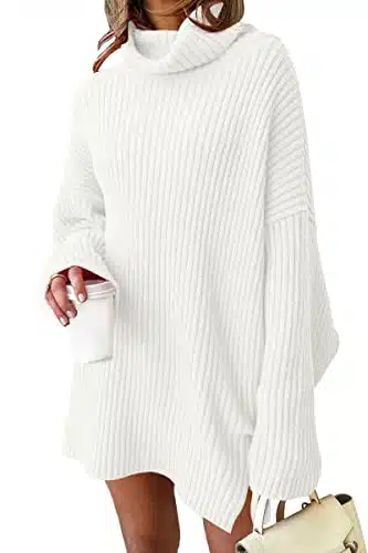 EFAN White Cute Sweater Dresses Womens Oversized Turtleneck Ladies Cashmere Fall Fashion Outfits Clothes Long Batwing Trendy Pullover Lightweight Ribbed Cable Knit Tops