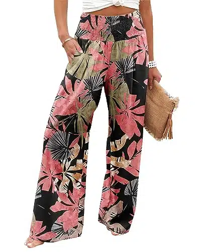 Floral Pants for Women High Waisted Business Casual Wide Leg Pants Work Pants Loose Flowy Summer Beach Pants BlackCoral XL