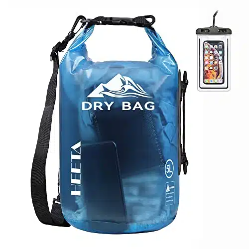 HEETA Waterproof Dry Bag for Women Men, Roll Top Lightweight Dry Storage Bag Backpack with Phone Case for Travel, Swimming, Boating, Kayaking, Camping and Beach, Transparent Blue L