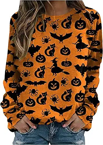 Halloween Shirts for Women Cute Pumpkin Graphic Sweatshirts Long Sleeve Crewneck Shirts Blouse Loose Fit Orange L