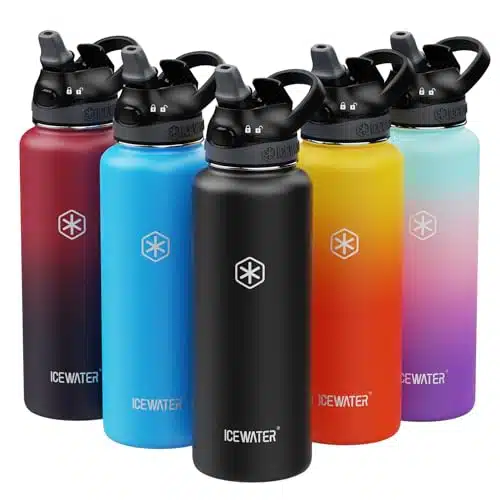 ICEWATER   oz Insulated Water Bottle With Auto Straw Lid and Carry Handle, Leakproof Lockable Lid with Soft Silicone Spout, One hand Operation, Vacuum Stainless Steel, BPA Free (oz, Black)