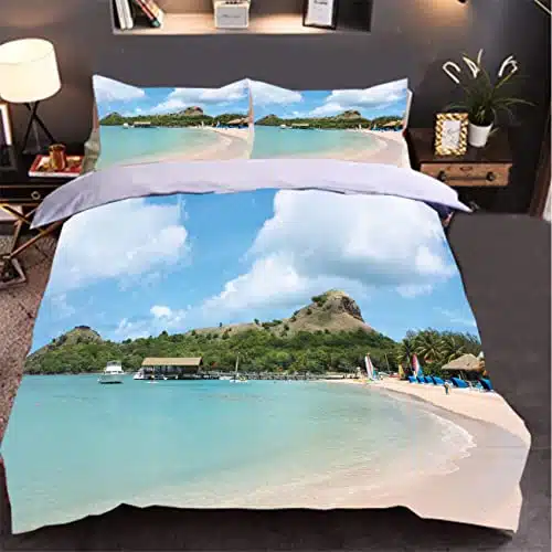 Island Bedding Duvet Cover Set Full Size Pigeon Island in St Lucia with Beach Resort Ultra Soft Breathable Duvet Cover Farmhouse Quilt Cover with Pillow Shams