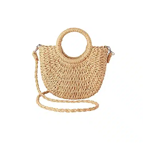 JOLLQUE Straw Beach Bag for Women, Summer Handwoven Tote Bags Purse with Tassel,Top Handle Straw Handbag Clutch(Khaki Mini)