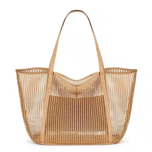 KALIDI FANCY FOREST Beach Mesh Tote Bag, Womens Shoulder handbag MAX L Grocery Bag Khaki