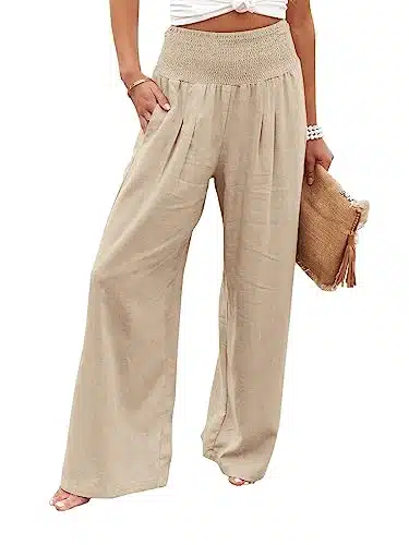 LILLUSORY Women's Khaki Palazzo Pants Fall Fashion Flowy Linen Wide Leg Beach Summer Outfits Clothes Trendy Casual Drawstring Trousers Cotton Pants with Pockets