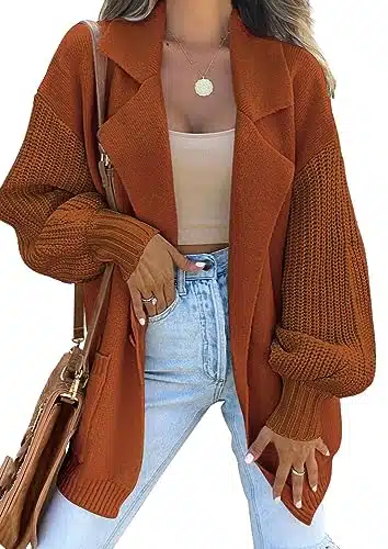 LILLUSORY Womens Trendy Fall Jacket Long Sleeve Open Front Knit Cardigan Sweaters Fashion Oversized Orange Coat with Pockets