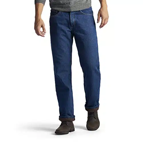 Lee Men's Flannel Relaxed Fit Straight Leg Jeans, Dark Wash Fleece Lined,  x L