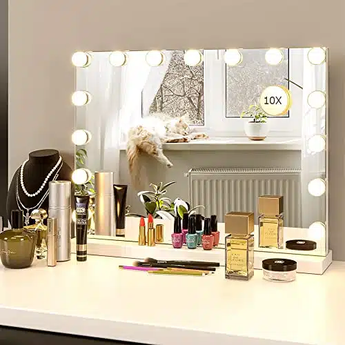 LilyHome VanityMakeup Mirror with Lights,X Magnification,Large Hollywood Lighted Vanity Mirror with Dimmable LED Bulbs,Color Modes,Touch Control for Bedroom,Tabletop or Wall Mounted