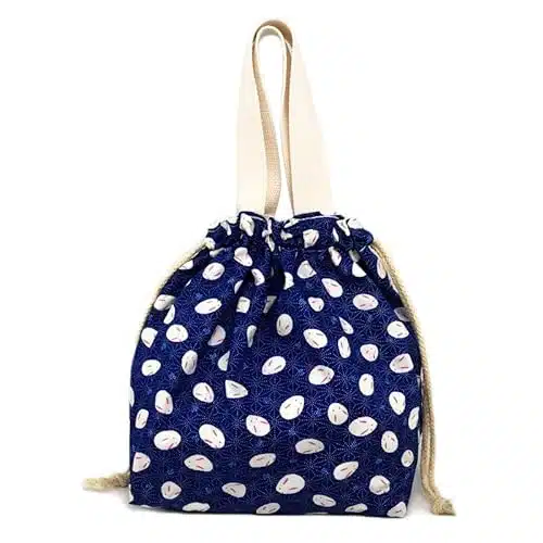 Lunch Bento Tote Pouch Reusable Small Cute Lunch Bag with Drawstring Suitable for Girls Adults Women Work Beach Camping Picnic (Rabbit Navy)