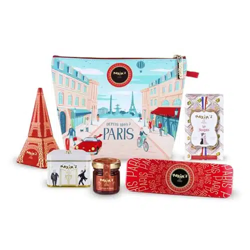 Maxim's De Paris   Bonjour Gift Pouch, Assortment of French Delicacies in a Paris Style Pouch Chocolate, Nougat, Jam, Eiffel Tower Tin Box, Pencil Tin Box, Mini House Tin Box