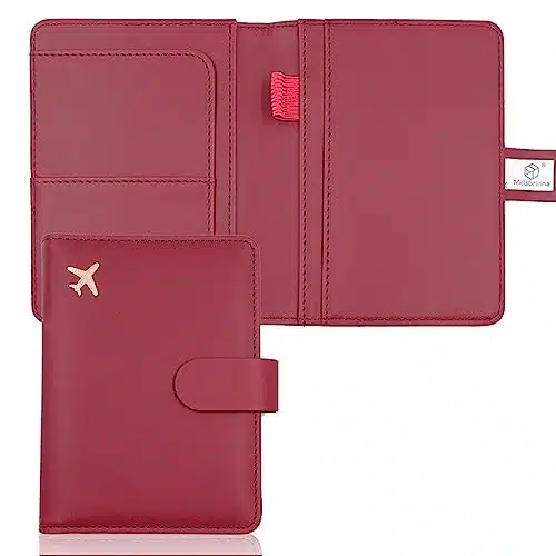 Melsbrinna Premium Leather Passport Holder Covers Case, Waterproof Rfid Blocking Travel Wallet Passport Holder with Pen Holder, Cute Passport Book for WomenMen (Wine red)