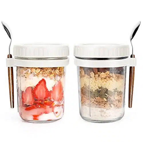 Overnight Oats Jars with Spoon and Lid oz [Pack], Airtight Oatmeal Container with Measurement Marks, Mason Jars with Lid for Cereal On The Go Container (pcs white)