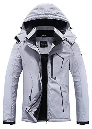 Pooluly Women's Ski Jacket Warm Winter Waterproof Windbreaker Hooded Raincoat Snowboarding Jackets Light Gray M