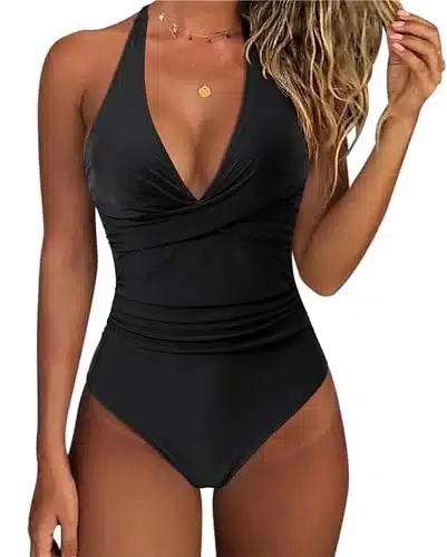 SUUKSESS Women Sexy Tummy Control One Piece Swimsuits Halter Push Up Monokini Bathing Suits (Black, L)