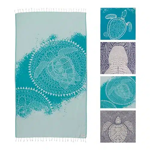 Sand Cloud Turkish Beach Towel   Sand Proof   % Certified Organic Turkish Towel   Quick Dry Towel for Beach, Blanket or Bath Towel   As Seen on Shark Tank   Mandala Sea Turtle Green