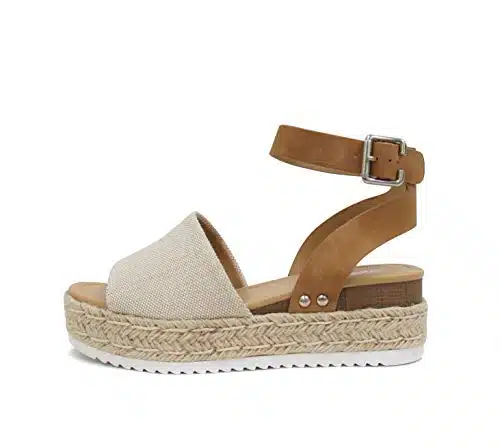 Soda Topic Open Toe Buckle Ankle Strap Espadrilles Flatform Wedge Casual Sandal (Beige CanvasTan, )