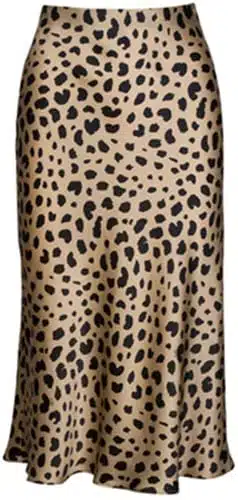 Soowalaoo High Waist Leopard Midi Skirt Hidden Elasticized Waistband Silk Satin Skirts (Leopard, L)