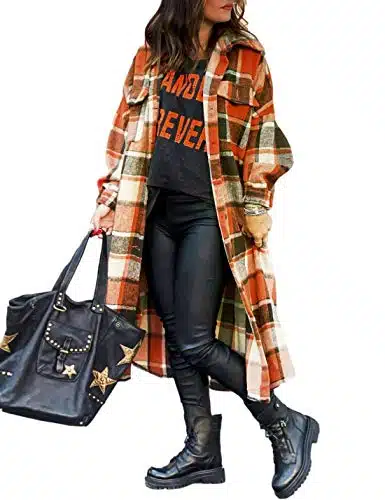 UANEO Plaid Coat Women Button Down Long Plaid Jacket Fall Flannel Trench Coat (Red XL)