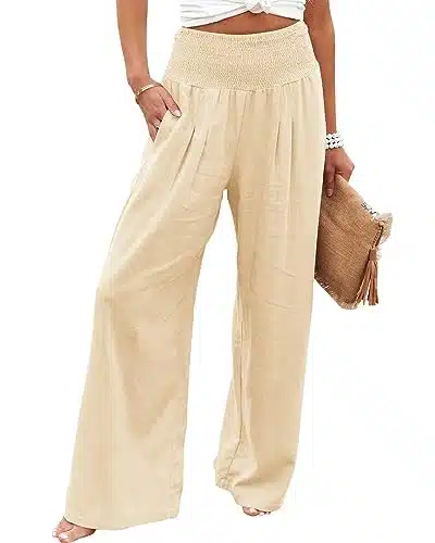 Vansha Women Summer High Waisted Cotton Linen Palazzo Pants Wide Leg Long Lounge Pant Trousers with Pocket Cream L