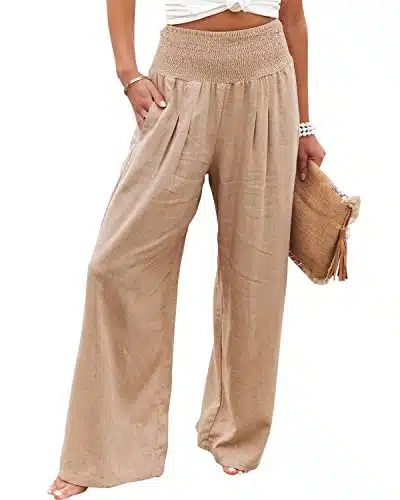 Vansha Women Summer High Waisted Cotton Linen Palazzo Pants Wide Leg Long Lounge Pant Trousers with Pocket Khaki S