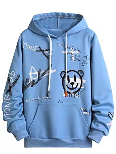 WDIRARA Men's Cartoon Letter Graphic Drawstring Hoodie Long Sleeve Pocket Sweatshirts Blue S