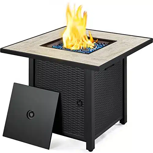 Yaheetech Propane Gas Fire Pit Table ,BTU Square Gas Fire Table with Ceramic Tabletop and Blue Fire Glass for Outdoor Patio with Rattan Pattern Steel BaseLid, Black