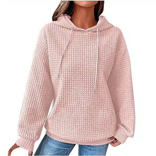 hoodies for teen girls black Womens Waffle Knit Long Sleeve Hoodies Oversized Drawstring Casual Sweatshirts Loose Hooded Pullover women black of friday shirts Pink X black of friday deals