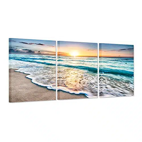 iHAPPYWALL Pieces Ocean Canvas Wall Art Blue Sea Sunset White Beach The Picture Print On Canvas Beach Seascape In Cancun Mexico Wall Art Framed for Living Room