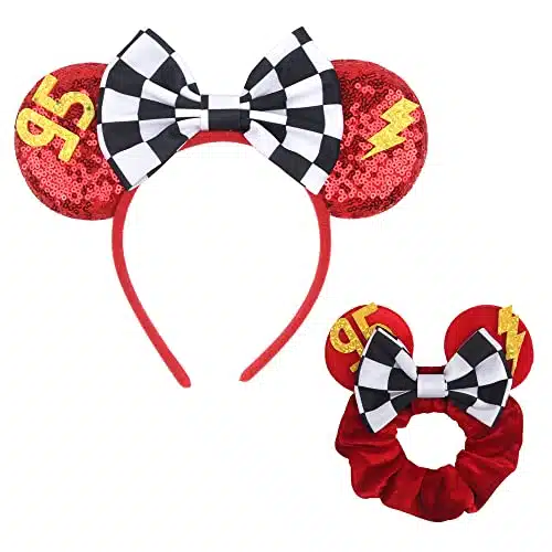 zhezesmila Cars Ears Headband, Minni Ears Scrunchies, Sparkle Mouse Ears Headwear, Classic Red Sequin Minn Ears Hair Accessories for Women Girls Kids