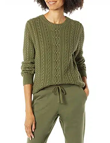 Amazon Essentials Women's Fisherman Cable Long Sleeve Crewneck Sweater (Available in Plus Size), Olive, Medium