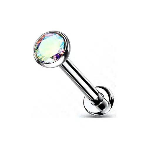 Amelia Fashion Implant Grade Titanium Threadless Push in Labret, Flat Back Studs, CZ Bezel Set Ball Top for Cartilage, Monroe, Nose and More (Aurora Borealis  GA (mm)   L.(mm)