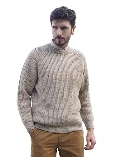 Aran Crafts Men's Fisherman Irish Rib Crew Neck Wool Sweater (CED SKI)