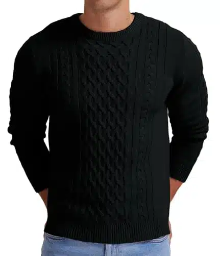 Askdeer Men's Fisherman Cable Crewneck Sweater Winter Casual Sweater for Men Knitted Pullover Sweaters with Ribbing Edge Black