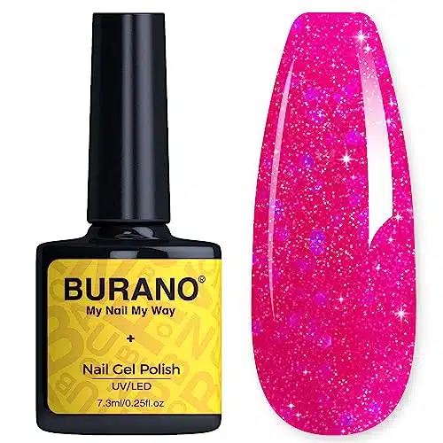 BURANO Glitter Gel Nail Polish, LED UV Nail Gel Shimmer Holographic Effect Soak off Gel Curing Required, No Chip Gel Polish Sparkle Gel Home DIY Nail Salon (Hot Pink LP)