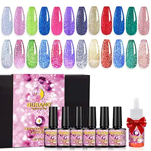 BURANO Reflective Glitter Gel Polish, Colors Holographic Nail Polish Glitter Gel Nails, Soak Off UV Gel Nail Kit with Cuticle Oil Gift UV Lamp Required