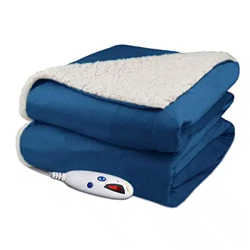 Biddeford Blankets Velour Sherpa Electric Heated Blanket with Digital Controller, Throw, Denim