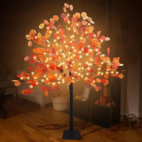 Dehoxara FT Lighted Eucalyptus Tree Fall Decorations Artificial Autumn Tree Timer ode Thanksgiving Led Eucalyptus Leaves Lights for Wedding Party Harvest Home Indoor Decor