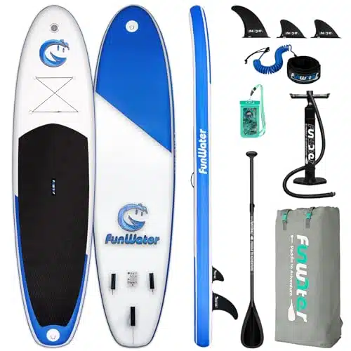 FunWater Stand Up Paddle Board 'x''x'' Ultra Light (lbs) Inflatable Paddleboard with ISUP Accessories,Three Fins,Adjustable Paddle, Pump,Backpack, Leash, Waterproof Phone Bag