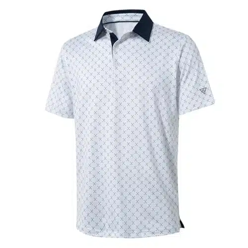 Golf Shirts for Men Dry Fit Short Sleeve Print Performance Moisture Wicking Polo Shirt White