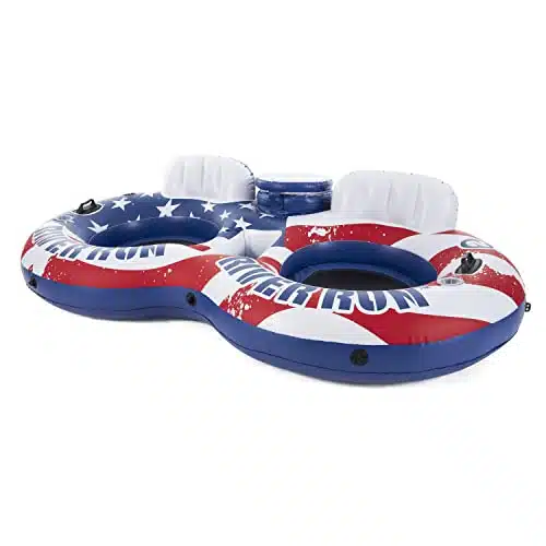 Intex VM River Run Inflatable American Flag Person Water Lounge Pool Tube Float with Built in Cooler, Cup Holders, and Patch Repair Kit