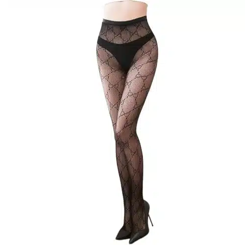 Jaturuis Sexy Fishnet Stockings Fashion Letter Tights for Women Sexy Lace Leggings High Waisted Pantyhose Stockings (pcs Double G Silk Stockings)