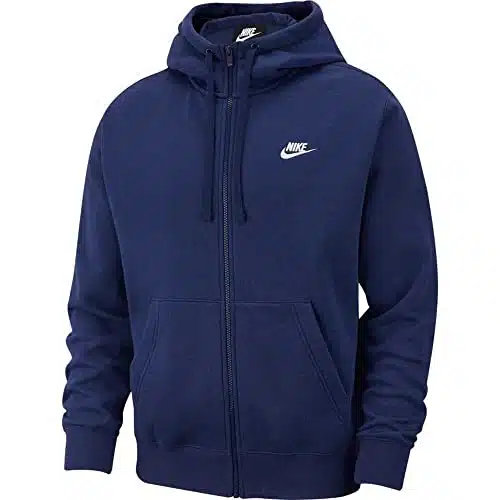 Nike Men's Sportswear Club Fleece Full Zip Hoodie, Fleece Zip Up Hoodie Men, Midnight NavyMidnight NavyWhite, M