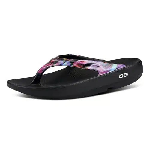 OOFOS OOlala Luxe Sandal, Neon Rose   Womens   Lightweight Recovery Footwear   Reduces Stress on Feet, Joints & Back   Machine Washable   Hand Painted Treatment