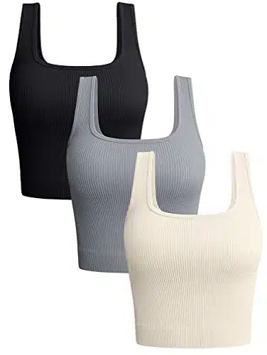 OQQ Women's Piece Tank Tops Ribbed Seamless Workout Exercise Shirts Yoga Crop Tops Black Grey Beige