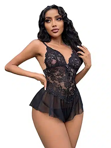 OYOANGLE Women's Lace Sexy Babydoll Lingerie Lace Chemise Floral Lingerie Set with Thong Black S