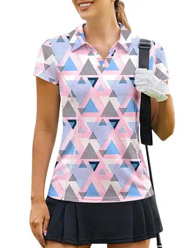 PINSPARK Womens Golf Polos Short Sleeve Shirts Collared Workout Tops Lightweight Tennis T Shirts,Pink Argyle XL